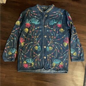 New Directions Vintage Floral Embroidered Denim Jacket Mandarin‎ Collar Large